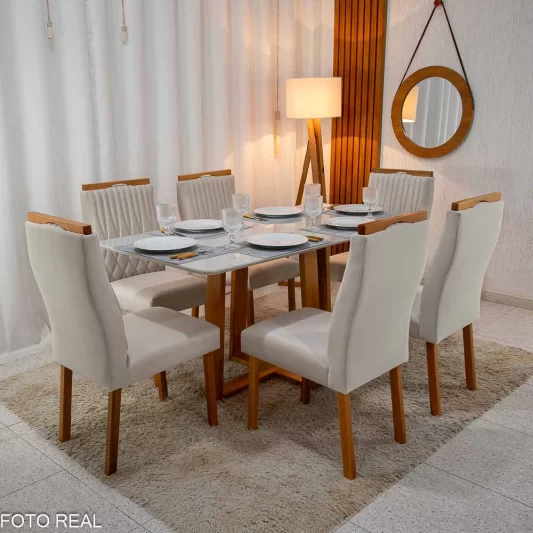 Mesa Jantar Pedro Vidro Off 160×0,80M 6 Cadeiras Genova Veludo Bege 512 Madeira - Art Assento