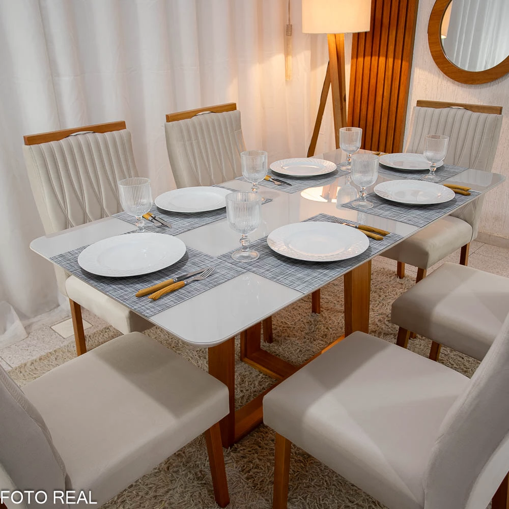 Mesa Jantar Pedro Vidro Off 160×0,80M 6 Cadeiras Genova Veludo Bege 512 Madeira - Art Assento - Imagem 7