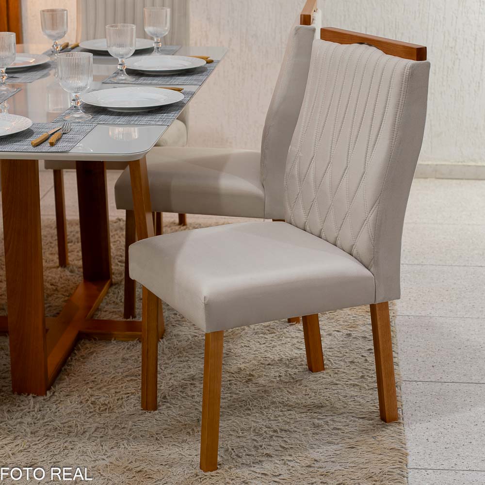 Mesa Jantar Pedro Vidro Off 160×0,80M 6 Cadeiras Genova Veludo Bege 512 Madeira - Art Assento - Imagem 5