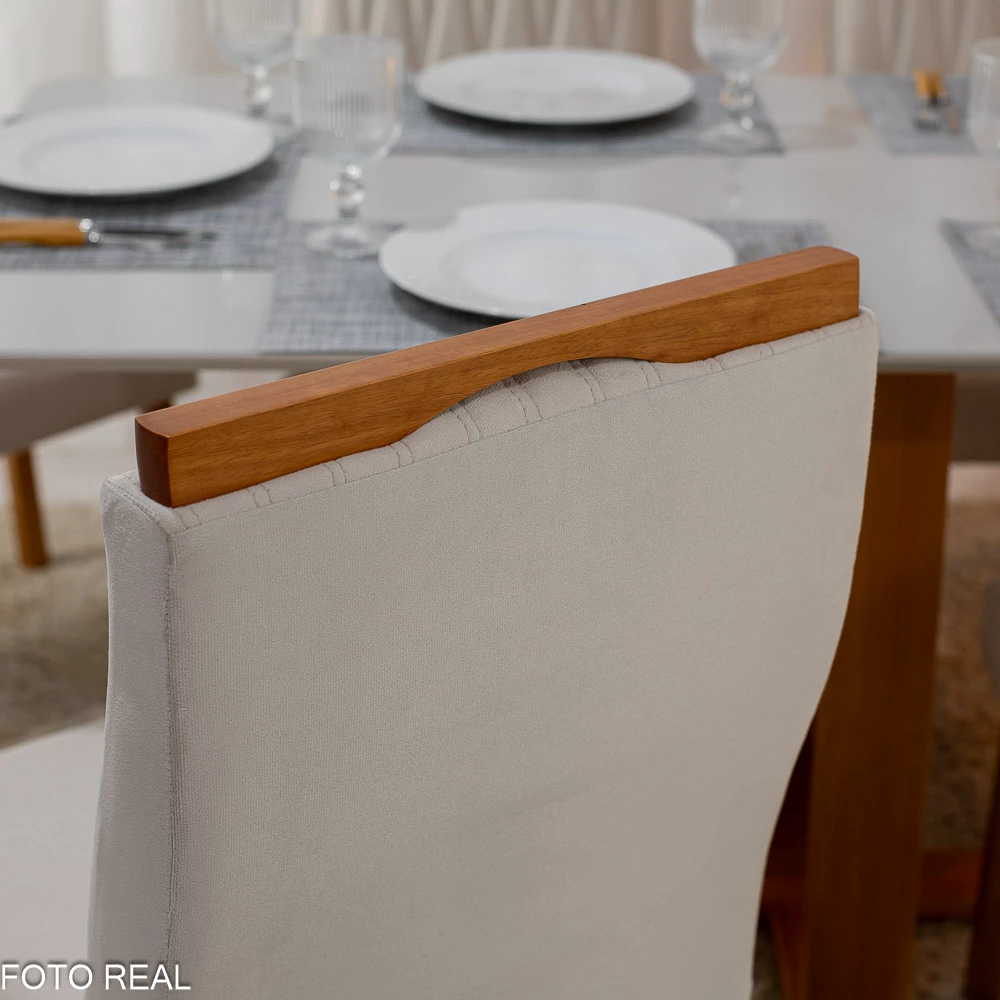 Mesa Jantar Pedro Vidro Off 160×0,80M 6 Cadeiras Genova Veludo Bege 512 Madeira - Art Assento - Imagem 4
