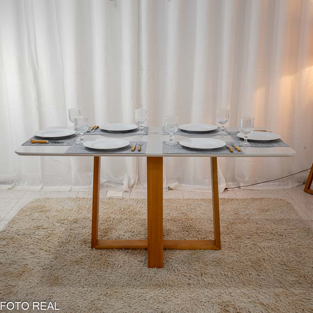 Mesa Jantar Pedro Vidro Off 160×0,80M 6 Cadeiras Genova Veludo Bege 512 Madeira - Art Assento - Imagem 3