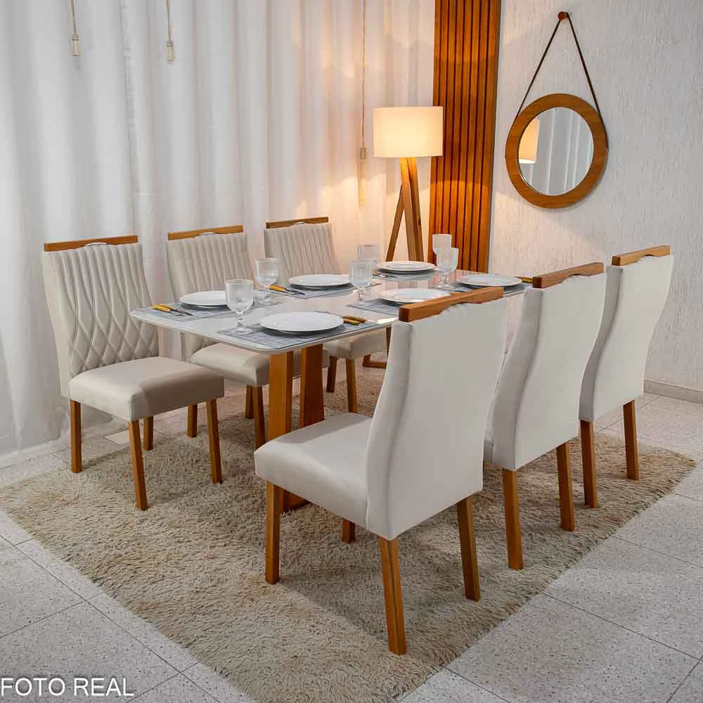 Mesa Jantar Pedro Vidro Off 160×0,80M 6 Cadeiras Genova Veludo Bege 512 Madeira - Art Assento - Imagem 6