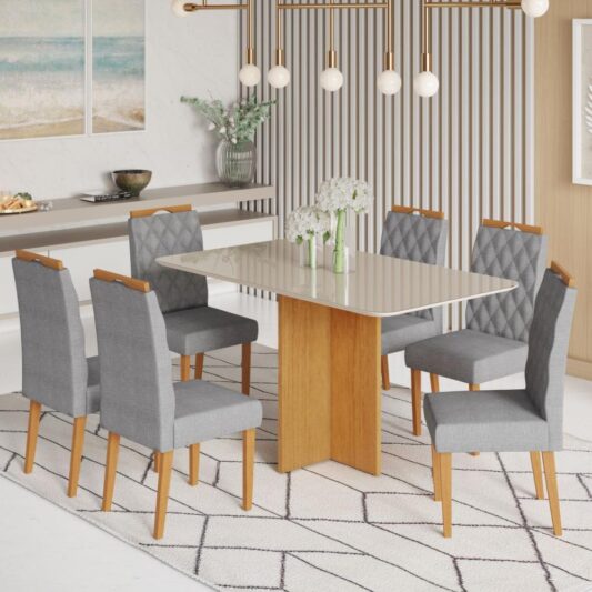 Mesa Robusta Tampo Vidro Arredondado Cin/Off 1,60×80 c/6 Cadeiras Diamante – JCM