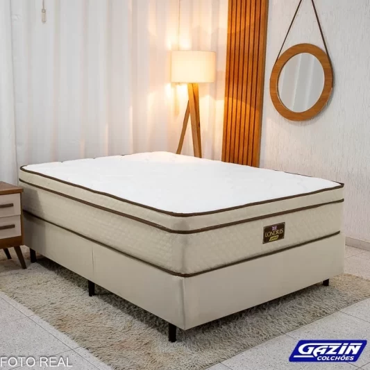 Box Casal Universal Liso Bege + Colchão Casal Londres 138x188x72 Molas Pocket Ensacadas BlueWave - Gazin