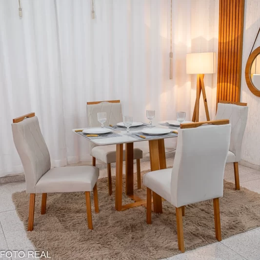 Mesa de Jantar Pedro 120x80 Vidro Off/Base Madeira + 4 Cad. Lisboa Veludo Bege 512 Madeira Art Assento