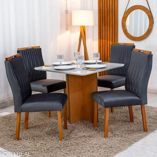 Mesa de Jantar Moscou 90x90 Vidro Off/Base Cinamomo + 4 Cad. Genova Veludo Cinza 507 - Art Assentos