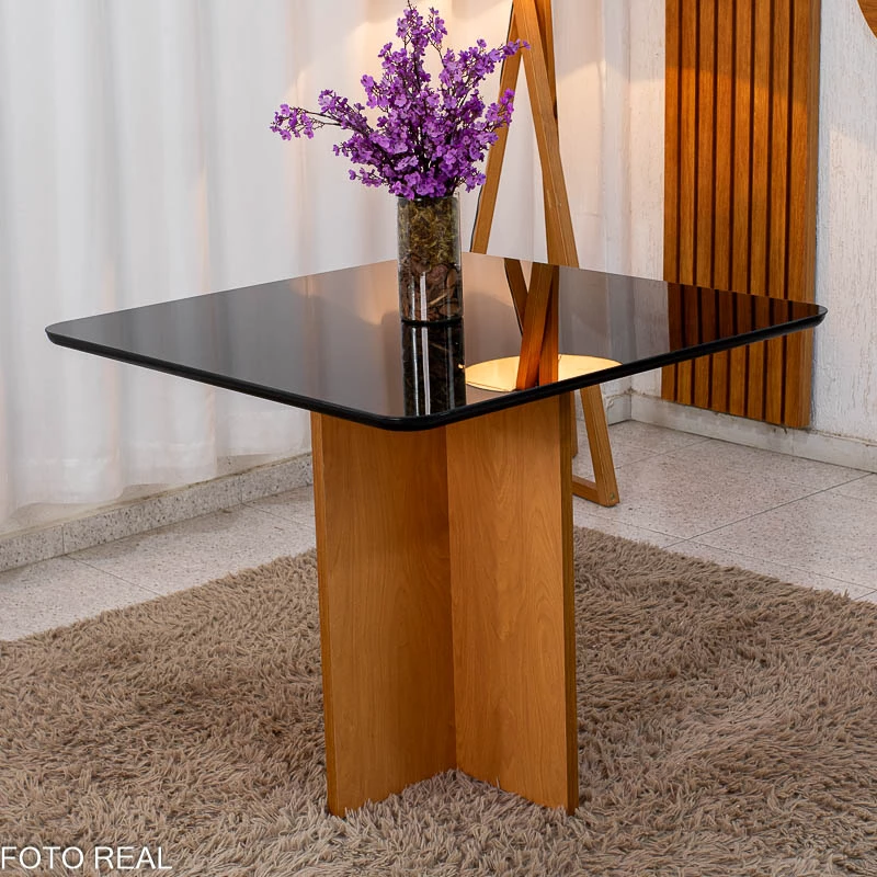 Mesa de Jantar Moscou 90x90 Vidro Preto/Base Cinamomo + 4 Cad. Genova Veludo Cinza 507 - Art Assentos - Imagem 4