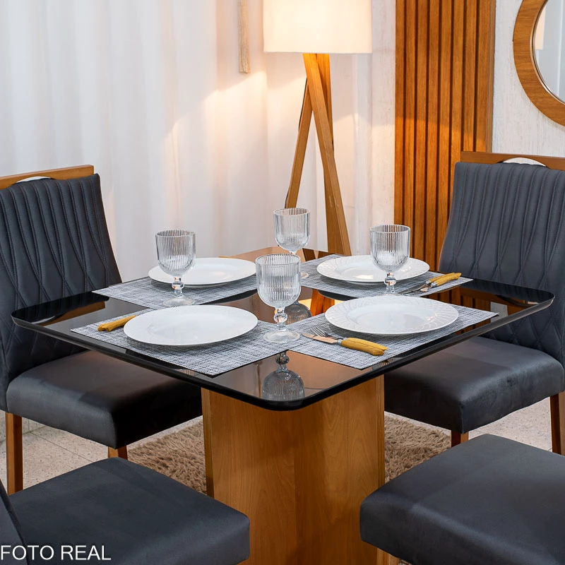 Mesa de Jantar Moscou 90x90 Vidro Preto/Base Cinamomo + 4 Cad. Genova Veludo Cinza 507 - Art Assentos - Imagem 8