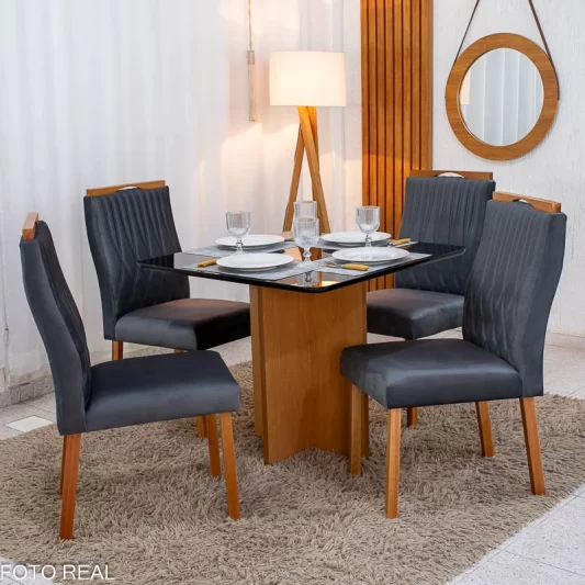 Mesa de Jantar Moscou 90x90 Vidro Preto/Base Cinamomo + 4 Cad. Genova Veludo Cinza 507 -  Art Assentos