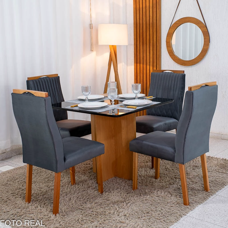 Mesa de Jantar Moscou 90x90 Vidro Preto/Base Cinamomo + 4 Cad. Genova Veludo Cinza 507 - Art Assentos - Imagem 7