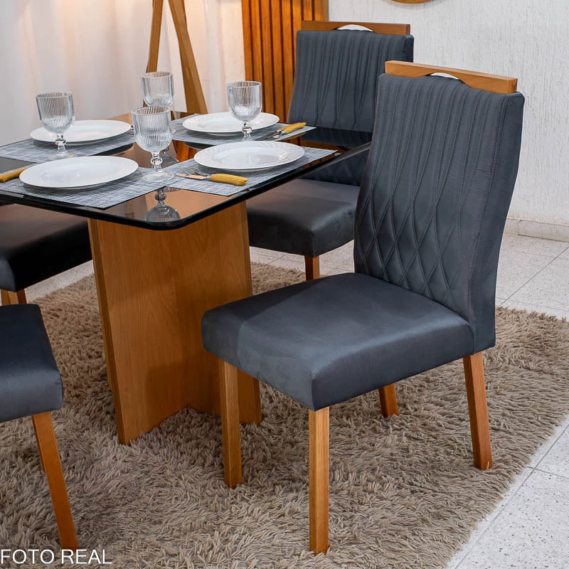Mesa de Jantar Moscou 90x90 Vidro Preto/Base Cinamomo + 4 Cad. Genova Veludo Cinza 507 - Art Assentos - Imagem 6
