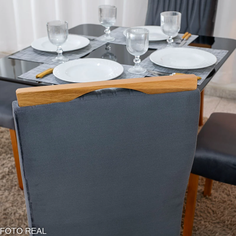 Mesa de Jantar Moscou 90x90 Vidro Preto/Base Cinamomo + 4 Cad. Genova Veludo Cinza 507 - Art Assentos - Imagem 5