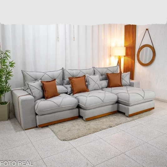 Sofá Retrátil Reclinável Gran Bello 3,20M Linho Cinza - Molas Ensacadas