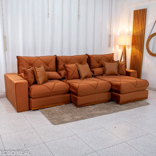 Sofá Retrátil Reclinável Gran Bello 3,20M Veludo Terracota 24 - Molas Ensacadas