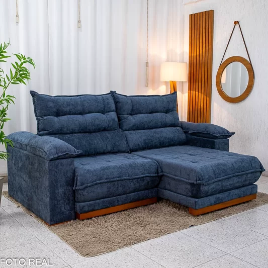 Sofá Retrátil Reclinável Itauna 2,50M Chenille Azul 575 D28 Soft - Molas Ensacadas