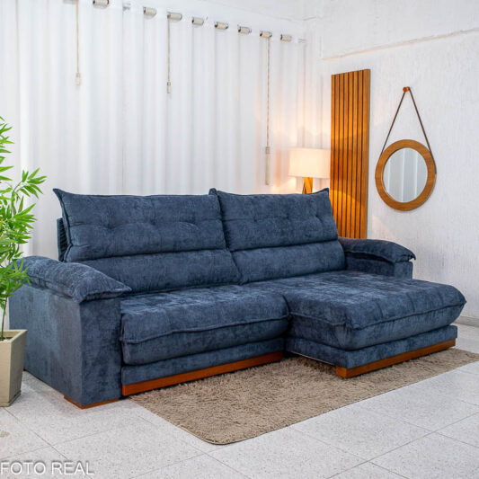 Sofá Retrátil Reclinável Itauna 2,90M Chenille Azul 575 D28 Soft - Molas Ensacadas