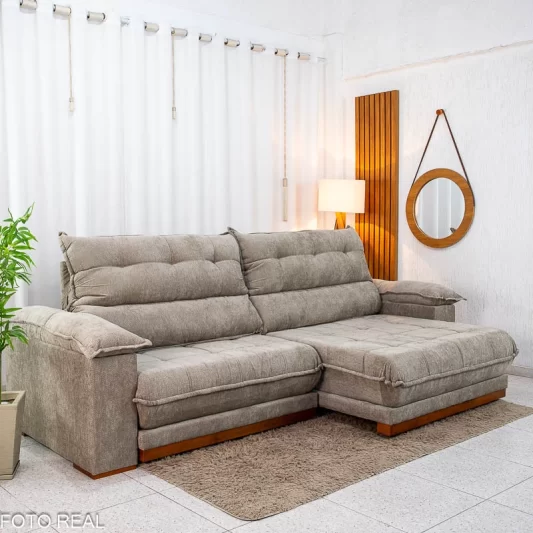 Sofá Retrátil Reclinável Itauna 2,90M Chenille Bege 574 D28 Soft - Molas Ensacadas