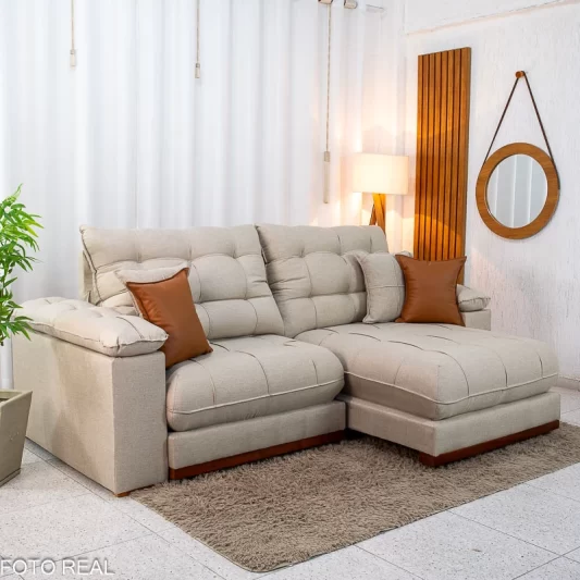 Sofá Retrátil Reclinável Verona 2,30M Linho Bege D28 Soft - Molas Ensacadas
