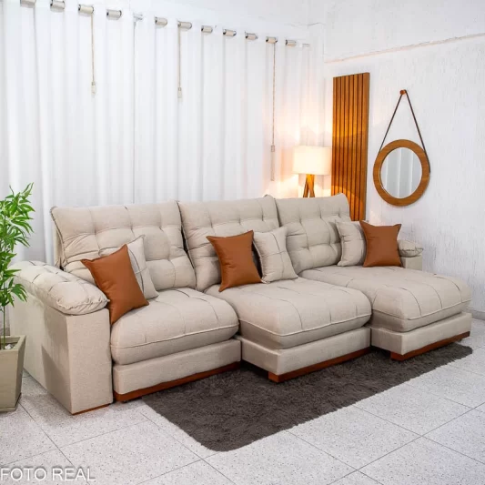 Sofá Retrátil Reclinável Verona 3,20M Linho Bege D28 Soft - Molas Ensacadas