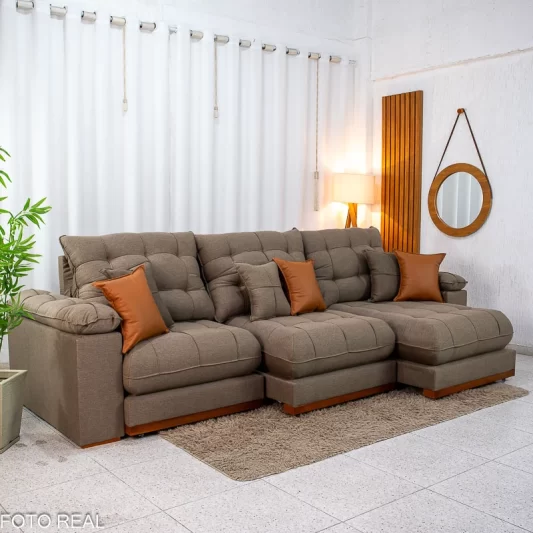 Sofá Retrátil Reclinável Verona 3,20M Linho Marrom D28 Soft - Molas Ensacadas