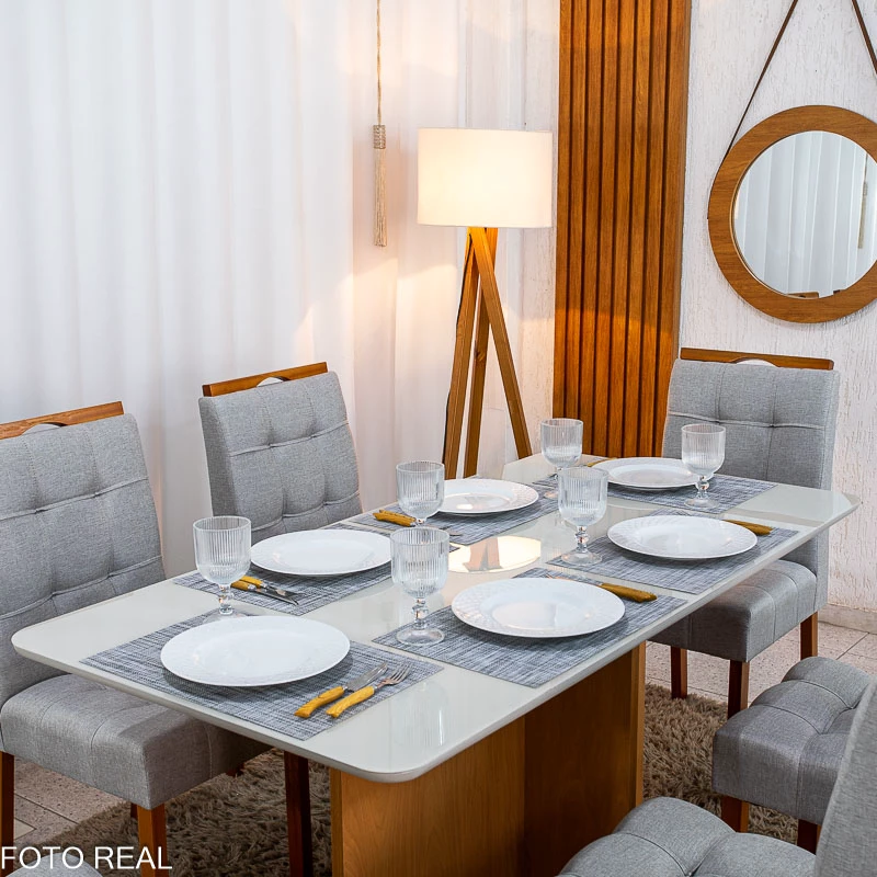 Mesa de Jantar Moscou 160x80 Vidro Off/Base Cinamomo + 6 Cad. Londres Linho Prata Madeira Minas Plac - Entregue Montada - Imagem 9