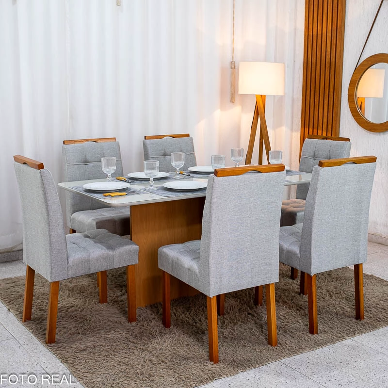 Mesa de Jantar Moscou 160x80 Vidro Off/Base Cinamomo + 6 Cad. Londres Linho Prata Madeira Minas Plac - Entregue Montada - Imagem 8