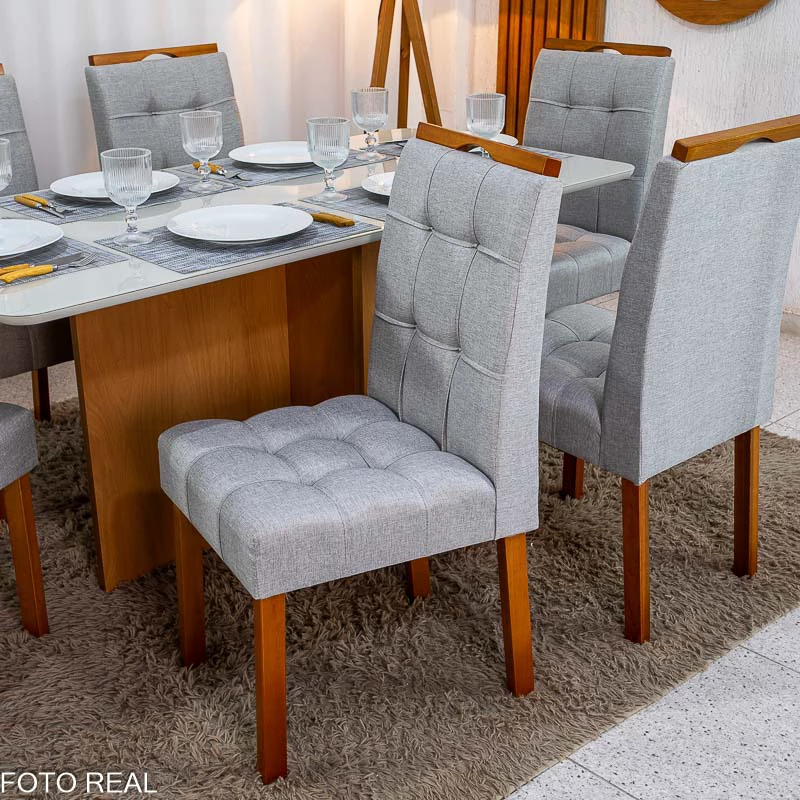 Mesa de Jantar Moscou 160x80 Vidro Off/Base Cinamomo + 6 Cad. Londres Linho Prata Madeira Minas Plac - Entregue Montada - Imagem 7