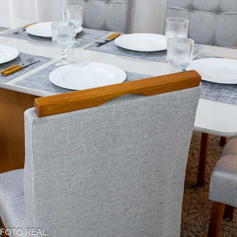 Mesa de Jantar Moscou 160x80 Vidro Off/Base Cinamomo + 6 Cad. Londres Linho Prata Madeira Minas Plac - Entregue Montada - Imagem 6