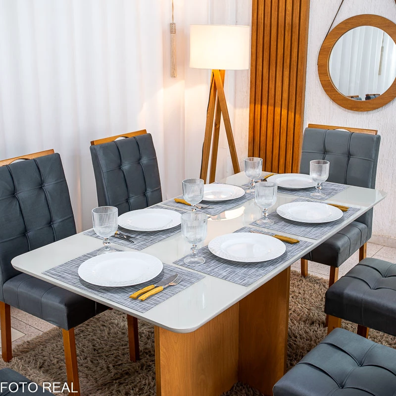 Mesa de Jantar Moscou 160x80 Vidro Off/Base Cinamomo + 6 Cad. Londres Veludo Chumbo Madeira Minas Plac - Entregue Montada - Imagem 6