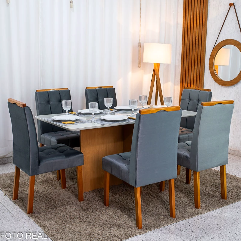 Mesa de Jantar Moscou 160x80 Vidro Off/Base Cinamomo + 6 Cad. Londres Veludo Chumbo Madeira Minas Plac - Entregue Montada - Imagem 5