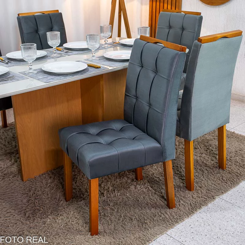 Mesa de Jantar Moscou 160x80 Vidro Off/Base Cinamomo + 6 Cad. Londres Veludo Chumbo Madeira Minas Plac - Entregue Montada - Imagem 4