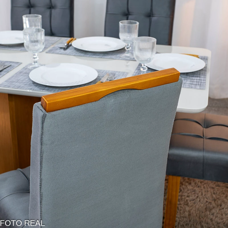 Mesa de Jantar Moscou 160x80 Vidro Off/Base Cinamomo + 6 Cad. Londres Veludo Chumbo Madeira Minas Plac - Entregue Montada - Imagem 3