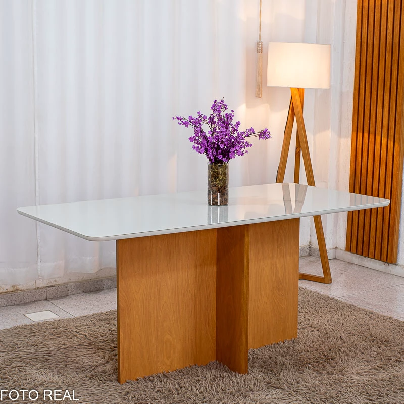 Mesa de Jantar Moscou 160x80 Vidro Off/Base Cinamomo + 6 Cad. Londres Linho Prata Madeira Minas Plac - Entregue Montada - Imagem 4