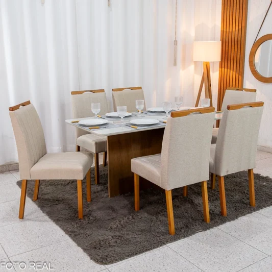 Mesa de Jantar Moscou 160x80 Vidro Off/Base Cinamomo Minas Plac + 6 Cad. Isabela Linho Bege 01 Madeira KM Decor - Entregue Montada