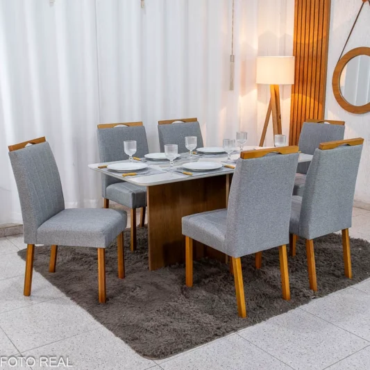 Mesa de Jantar Moscou 160x80 Vidro Off/Base Cinamomo Minas Plac + 6 Cad. Isabela Linho Cinza 05 Madeira KM Decor - Entregue Montada