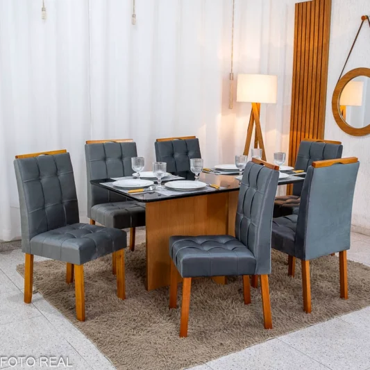 Mesa de Jantar Moscou 160x80 Vidro Preto/Base Cinamomo + 6 Cad. Londres Veludo Chumbo Madeira Minas Plac - Entregue Montada