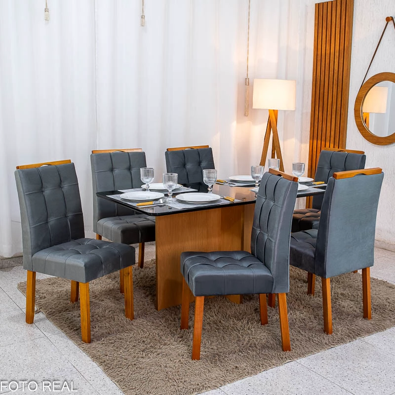 Mesa de Jantar Moscou 160x80 Vidro Preto/Base Cinamomo + 6 Cad. Londres Veludo Chumbo Madeira Minas Plac - Entregue Montada