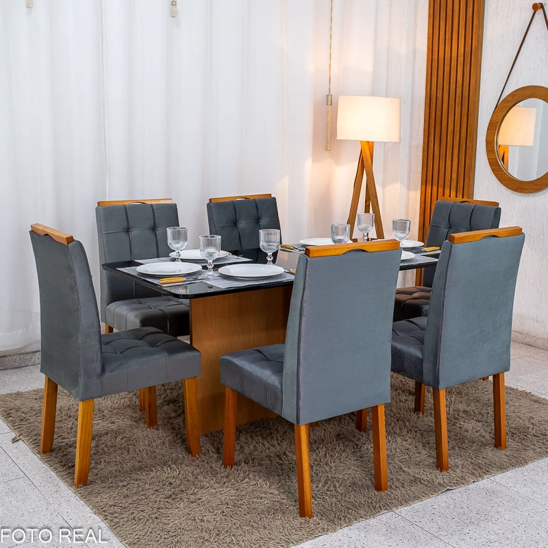 Mesa de Jantar Moscou 160x80 Vidro Preto/Base Cinamomo + 6 Cad. Londres Veludo Chumbo Madeira Minas Plac - Entregue Montada - Imagem 8