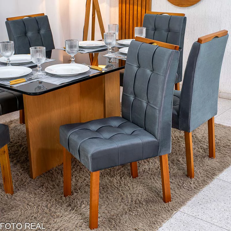Mesa de Jantar Moscou 160x80 Vidro Preto/Base Cinamomo + 6 Cad. Londres Veludo Chumbo Madeira Minas Plac - Entregue Montada - Imagem 6