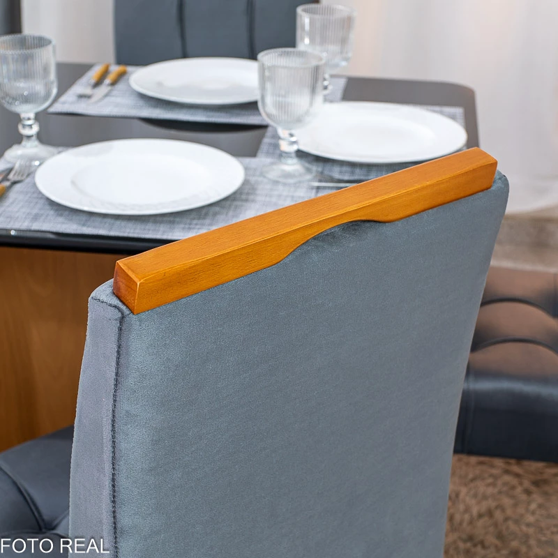 Mesa de Jantar Moscou 160x80 Vidro Preto/Base Cinamomo + 6 Cad. Londres Veludo Chumbo Madeira Minas Plac - Entregue Montada - Imagem 5