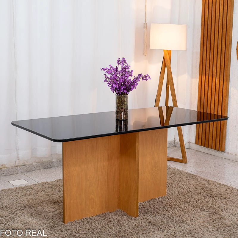 Mesa de Jantar Moscou 160x80 Vidro Preto/Base Cinamomo + 6 Cad. Londres Veludo Chumbo Madeira Minas Plac - Entregue Montada - Imagem 4