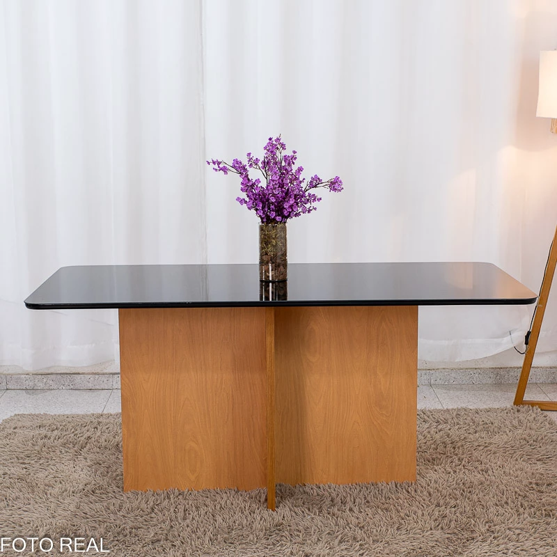 Mesa de Jantar Moscou 160x80 Vidro Preto/Base Cinamomo + 6 Cad. Londres Veludo Chumbo Madeira Minas Plac - Entregue Montada - Imagem 3