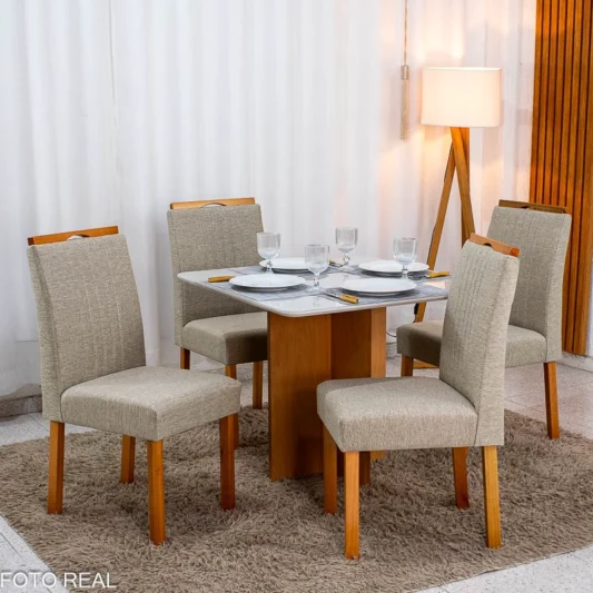 Mesa de Jantar Moscou 90x90 Vidro Off/Base Cinamomo + 4 Cad. Atlanta Linho Bege Cru Madeira