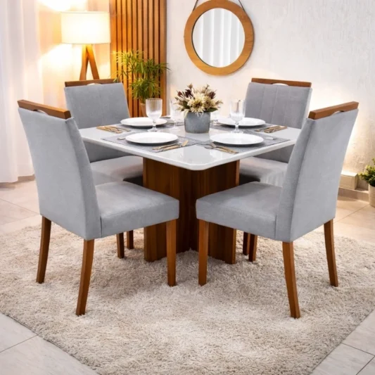 Mesa de Jantar Moscou 90x90 Vidro Off/Cinamomo Minas Plac + 4 Cadeiras Isabela Linho Cinza 05 Madeira Maciça KM Decor