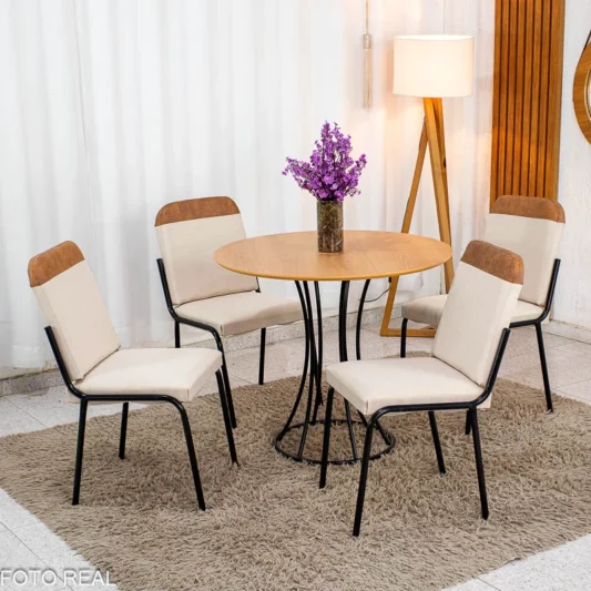 Conjunto Mesa Malta Redonda 90x90 Naturale Base Ônix Preto Fosco + 4 Cadeiras Malta Bege - Tubo Minas