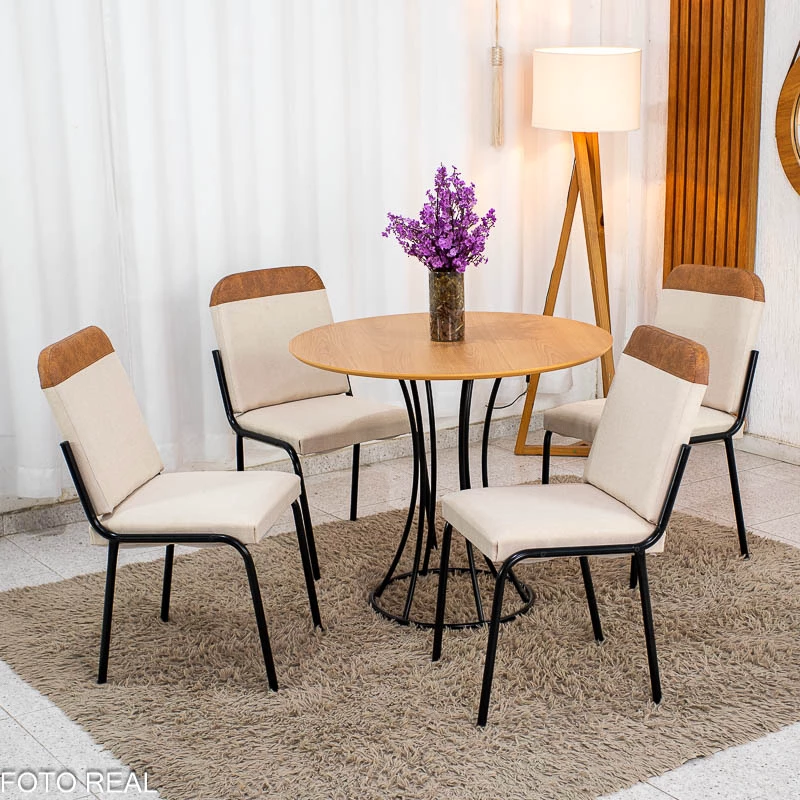Conjunto Mesa Malta Redonda 90x90 Naturale Base Ônix Preto Fosco + 4 Cadeiras Malta Bege - Tubo Minas