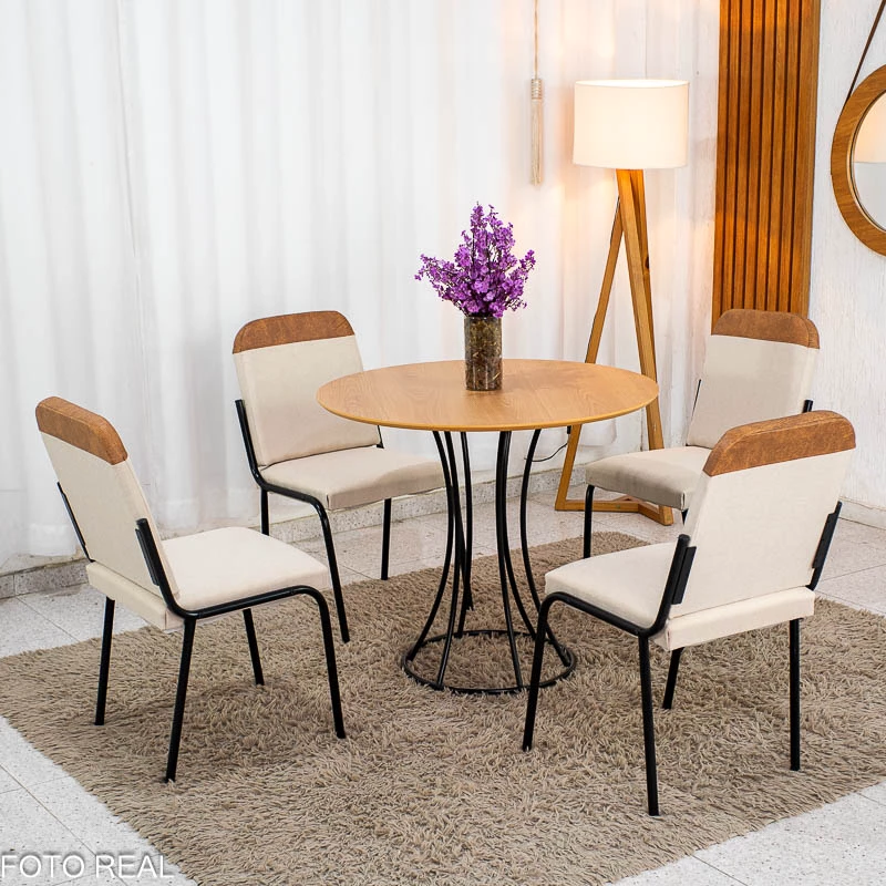 Conjunto Mesa Malta Redonda 90x90 Naturale Base Ônix Preto Fosco + 4 Cadeiras Malta Bege - Tubo Minas - Imagem 7