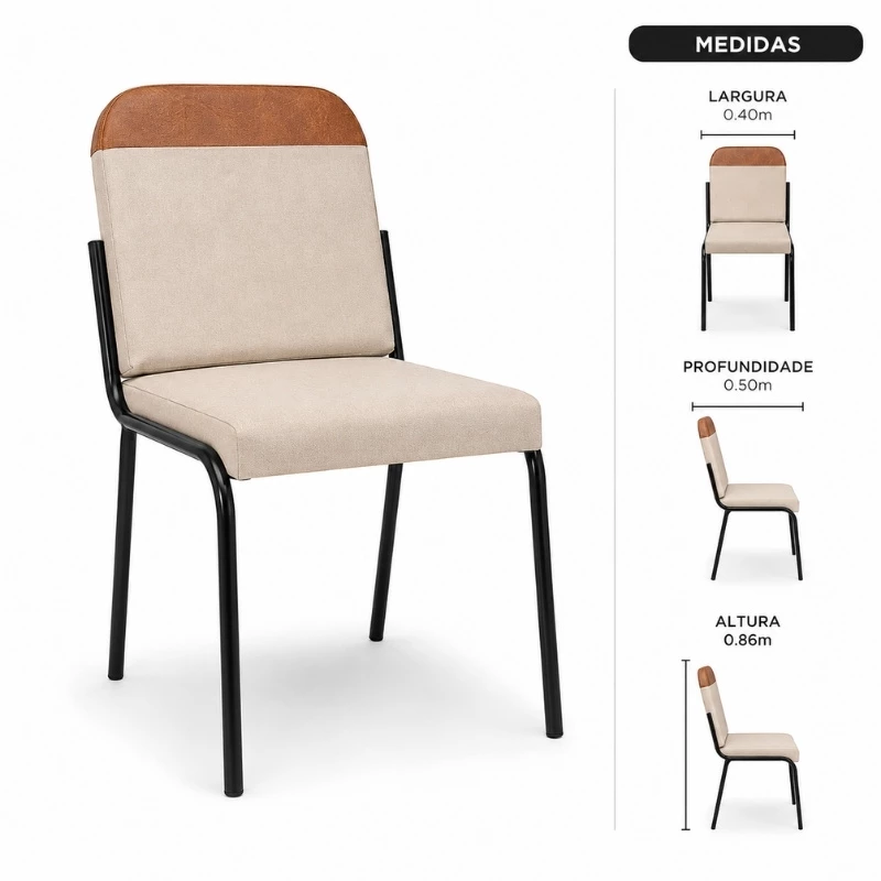 Conjunto Mesa Malta Redonda 90x90 Naturale Base Ônix Preto Fosco + 4 Cadeiras Malta Bege - Tubo Minas - Imagem 4