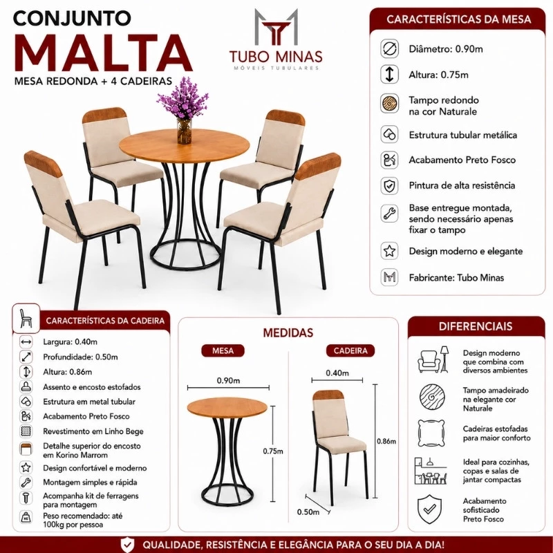 Conjunto Mesa Malta Redonda 90x90 Naturale Base Ônix Preto Fosco + 4 Cadeiras Malta Bege - Tubo Minas - Imagem 2