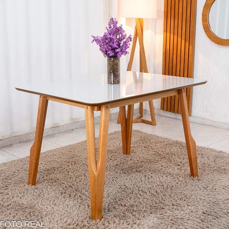 Mesa de Jantar Siena 120x90 Vidro Off/Base Madeira + 4 Cad. Lisboa Veludo Bege 512 Madeira Entregue Montada - Art Assento - Imagem 4